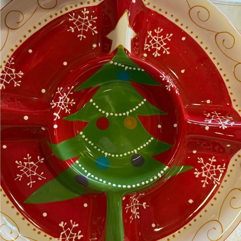 Pier 1 Hand-Painted Christmas Tree Holiday Divided Dish Hand Painted 13.5